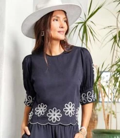 3/4 Sleeve Embroidered Scallop Top -Karen Kane Store D22552F7 81AC 4484 916D 5BE5A0072EC3