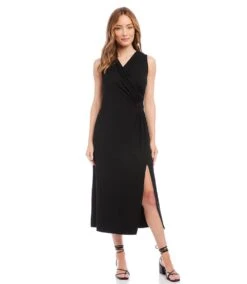 Sleeveless Faux Wrap Midi Dress -Karen Kane Store karenkane 2023 spring 1L14342 BLK 002
