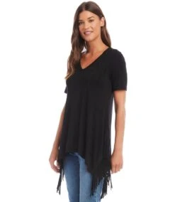 Petite Size Short Sleeve Fringe Top -Karen Kane Store karenkane 2024 spring 1L13019P BLK 003